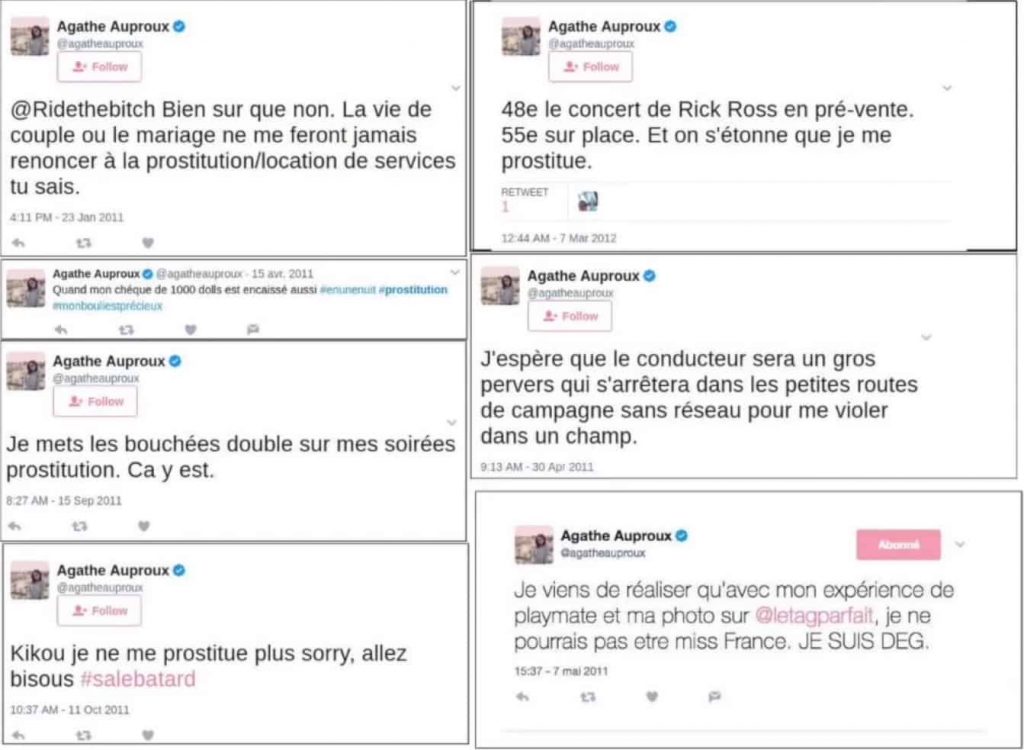 Les tweets d'Agathe Auproux dans sa phase de prostitution